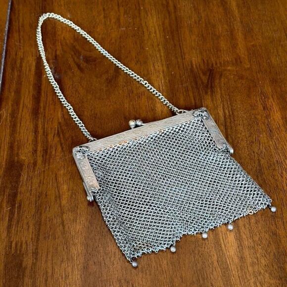Antique German Silver Evening Bag w Chain Link Mesh Dropped Tassel Marked WJ Co - Picture 9 of 13